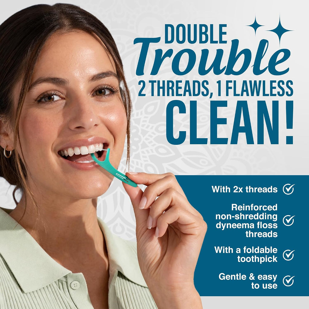 Dual Slickers Dental Floss Picks - Double-Threaded Dyneema Floss with Foldable Toothpick for Enhanced Plaque Removal - Unflavored - 150 Count