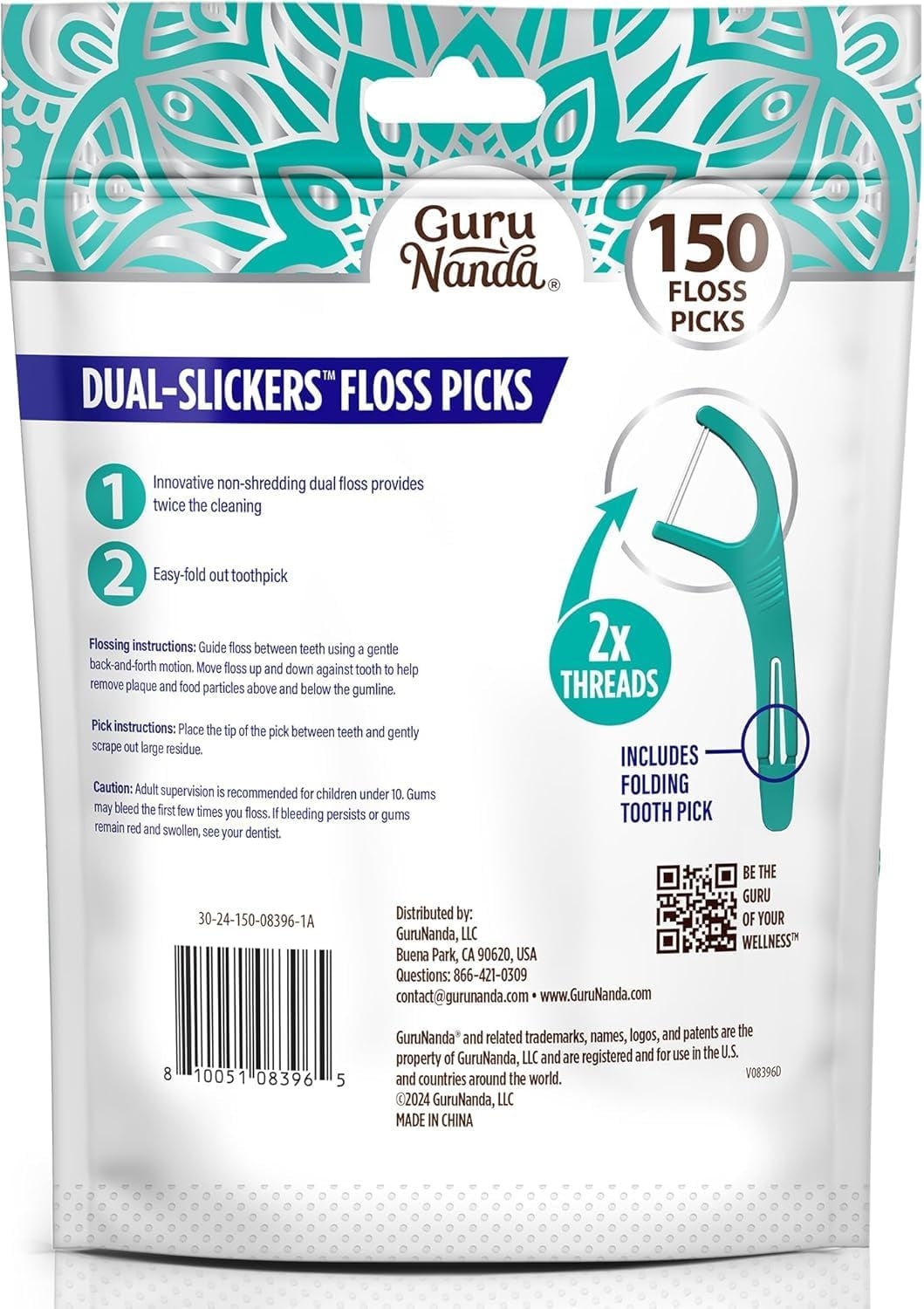 Dual Slickers Dental Floss Picks - Double-Threaded Dyneema Floss with Foldable Toothpick for Enhanced Plaque Removal - Unflavored - 150 Count
