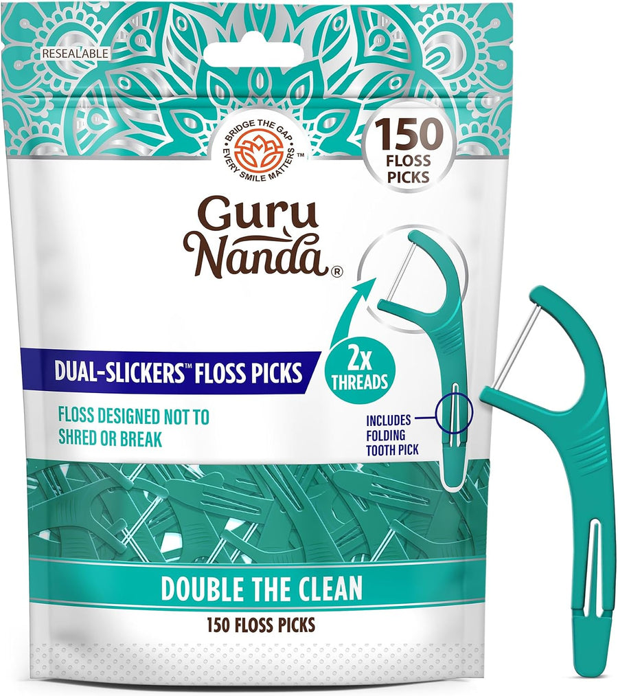 Dual Slickers Dental Floss Picks - Double-Threaded Dyneema Floss with Foldable Toothpick for Enhanced Plaque Removal - Unflavored - 150 Count
