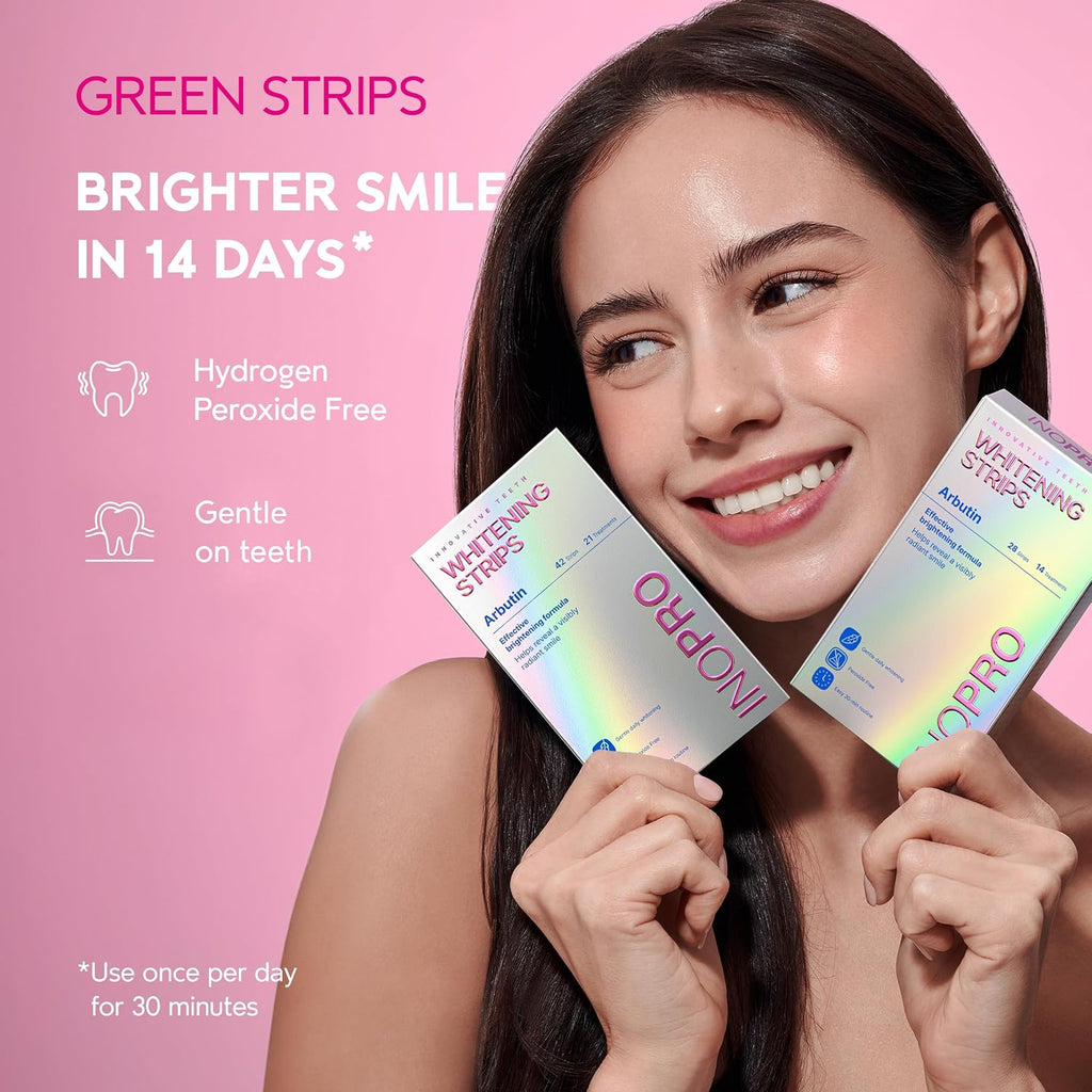 Inopro Green Teeth Whitening Strips - Peroxide Free Whitening Strips - Whitening without the Harm - Deep Stains Removal - Sensitivity Free - 14 Treatments, 28 Strips, 28 Count (Pack of 1)