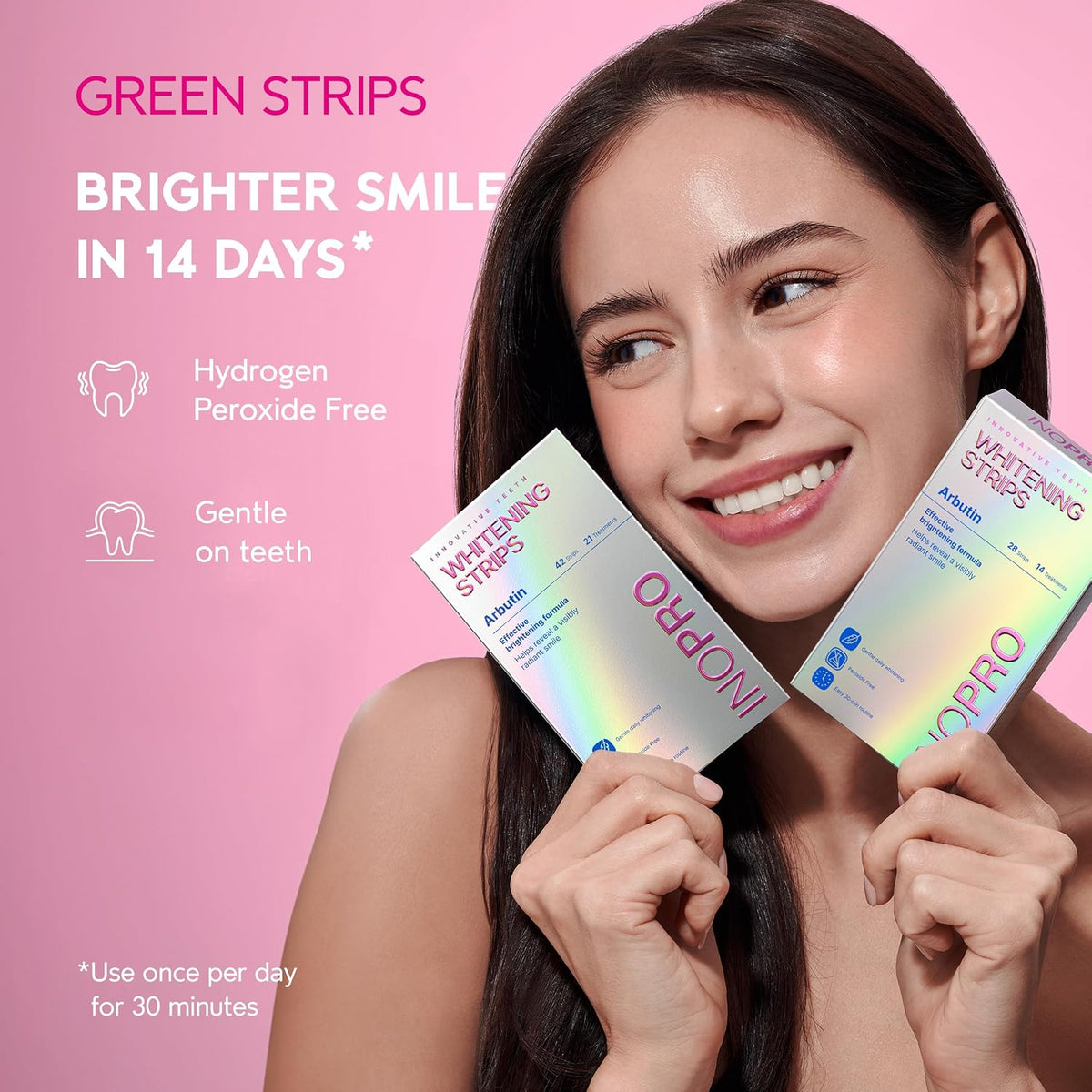 Inopro Green Teeth Whitening Strips - Peroxide Free Whitening Strips - Whitening without the Harm - Deep Stains Removal - Sensitivity Free - 14 Treatments, 28 Strips, 28 Count (Pack of 1)