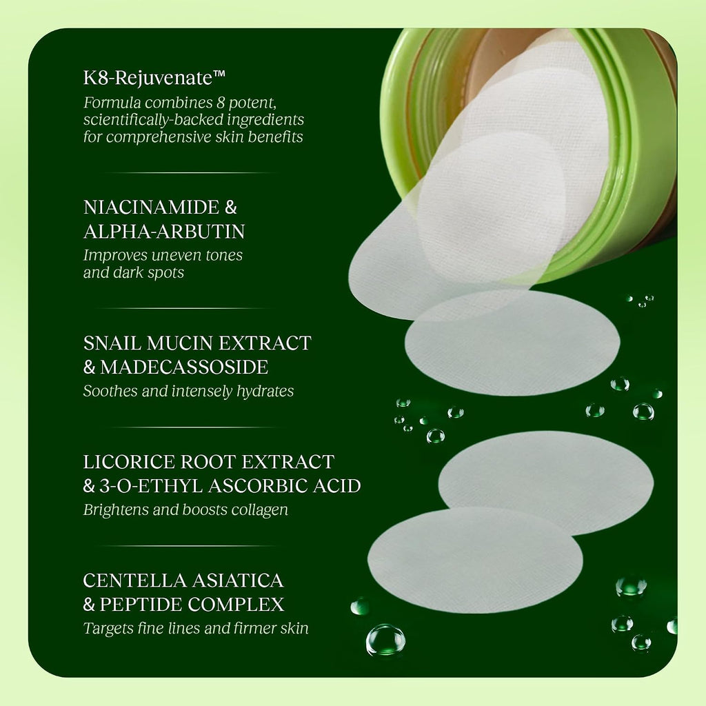 Toner Pads - Korean Skincare for Dark Spots, Wrinkles & Dull Skin - Hydrating Facial Treatment with Snail Mucin, Niacinamide, Peptides & Centella - 100 Count